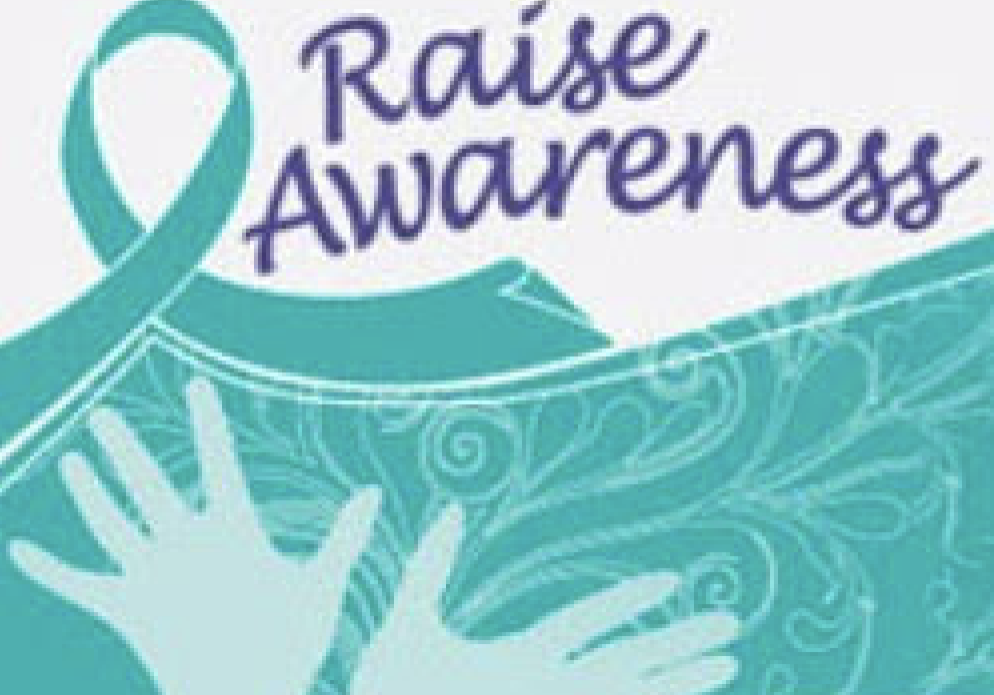 graphic image of hands, a teal awareness ribbon, and the words "raise awareness"